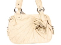 Flower Handbag made of polyurethane material. Has belt buckle like double straps with a top zipper closure and swirl-like design on the side of the purse.Also has side pouches on each side of the purse.