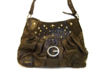 Ostrich embossed PVC handbag embellished with studs and a top zipper closure. Made with one shoulder strap. 
