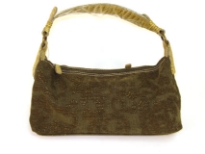 Jacquard fabric handbag nicely embellished with a simple design and one shoulder strap.  Bag includes two top zipper closures.    