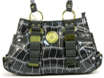 Fashion Handbag in Metallic PVC material with belted accents in the front as well as open pockets on the sides. Double shoulder handle with top zipper closure also.