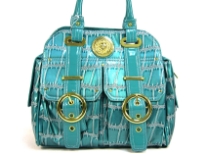 Metallic PVC Fashion Handbag has two front pockets embellished with belted accents. Top zipper closure, double shoulder handle & side pockets also.