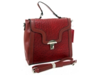PVC ostrich embossed handbag with metal clasp. Top zipper closing and adjustable shoulder strap.