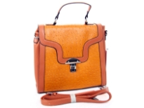 PVC ostrich embossed handbag with metal clasp. Top zipper closing and adjustable shoulder strap.