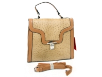 PVC ostrich embossed handbag with metal clasp. Top zipper closing and adjustable shoulder strap.