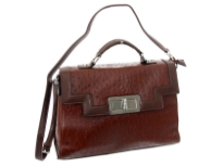 PVC Box shaped Ostrich embossed fashion handbag with twist box. Top zipper closing and back zipper pocket.