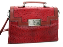 PVC box shaped ostrich embossed fashion handbag with twist lock. Top zipper closing and back zipper pocket.