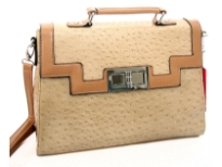 PVC box shaped ostrich embossed fashion handbag with twist lock. Top zipper closing and back zipper pocket.