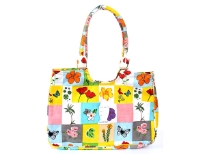 Multi flower and butterfly designed beach bag made with double shoulder straps and a zipper closure.  Made of 100% Cotton. 