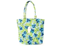 Beach bag embellished with flower and leaf designs.  Made with double shoulder straps.  Made of 100% Cotton. 
