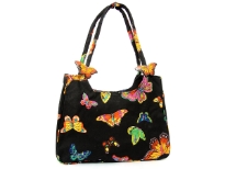 Multi butterfly colored design beach bag made with double shoulder straps and a zipper closure. Made of 100% Cotton.  