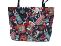 Bucket tote bag has a sports theme artwork pattern and a double handle.