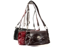 Leather look shoulder bag has a single strap, a top zipper closure and an outside pocket with a twist lock. R-64 PVC Material