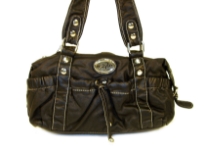 PVC fashion handbag made with multiple outer compartments and double detachable shoulder straps.  Made with large studs and a top zipper closure. 