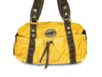 PVC fashion handbag made with multiple outer compartments and double detachable shoulder straps.  Made with large studs and a top zipper closure. 