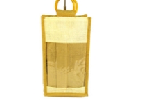 Wine bottle bag has wooden cane handles. Made of jute material.