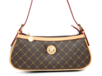 Genuine Leather Trim Fashion Handbag has a single strap and top zipper closure. 