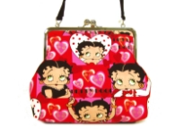 Betty Boop Love Bag with kiss lock. Made of fabric with a detachable single strap. 