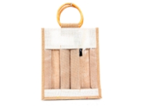 3 Wine Bottle Jute Bag with wooden handle.