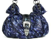 PVC Animal Print Fashion Handbag has top zipper closure with rhinestone studded belt like clasp over it. Double shoulder straps in contrast color.