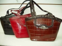 Genuine Leather Handbag with Croco Embossed Pattern. Double long shoulder straps & top zipper closure.