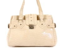 Crocodile Embossed PVC Fashion Handbag with double shoulder straps, belt accents on the sides, push lock closure over the top zipper closure of the bag.