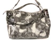 PVC Fashion Handbag has an animal print multi patch pattern, a top zipper closure, a double handle and a detachable shoulder strap.