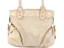 Two Tone tote bag has a double handle, a top zipper closure, outside pockets and crocodile trimming. Made of faux leather.