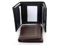Carry your money in style. This is a genuine leather Tri-fold mens wallet with double bill feature, 6 credit card slots and center picture ID window. Features elegant white stitching on the outside. As this is genuine leather, please be aware that there will be some small creases and nicks in the leather but the wallet are all brand new. 
