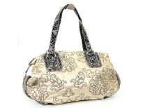 Designer Inspired Embroidered Shoulder Bag with zipper closure. Bag has a double handle with animal print pattern. Made of PU (polyurethane).