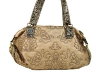 Designer Inspired Embroidered Shoulder Bag with zipper closure. Bag has a double handle with animal print pattern. Made of PU (polyurethane).