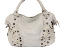 PVC Fashion Handbag has a top zipper closure, a double handle, a detachable shoulder strap, and a mix of studded details.