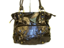 Designer Inspired fashion handbag has a glossy texture, a double handle and a top zipper closure. Made of PU (polyurethane).