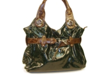 PVC fashion Handbag has a glossy texture, a double handle, a top zipper closure and a belt detail with a lobster claw closure.