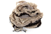 Ruffled & Crinkled 100% Acrylic Scarf in light brown color with contrasting coffee colored stripes running through it vertically. Little fringes on the ends of the scarf. Imported.