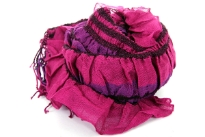 100% Acrylic Crinkled Scarf in bright magenta color with brown & purple stripes running vertically through it. Fringes at the ends of the scarf. Imported.
