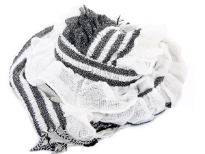Ruffled & Crinkled 100% Acrylic Scarf in white color with contrasting coffee colored stripes running through it vertically. Little fringes on the ends of the scarf. Imported.