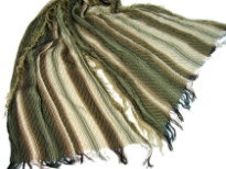 Beige colored viscose scarf with striped pattern in brown & green colors. Little eyelash fringes along the length of scarf and threads like fringe on the width of the scarf. Imported.