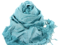 Crinkled & ruffled teal colored scarf with shiny silver patch running vertically in the middle and also mesh pattern bordering it. Fringes on the ends completes this stylish scarf. Imported.