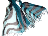 Lightweight Shaded Polyester scarf in shades of Teal Blue with Black waves over it. Fringes on its ends. Imported.