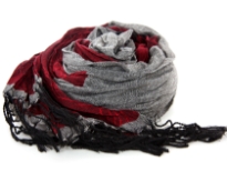 Crinkled Polyester Scarf with Alternating Burgundy & Gray colors horizontally. Small diamond pattern all over it. Twisted long fringes in black on its ends. Can be teamed up with a formal or casual attire. Imported. Hand wash.