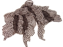 This checkered print black & white 100% polyester scarf can be a perfect accessory all year round. The scarf is stretched in the middle so gives a ruffled look. Imported.