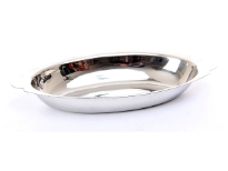 Stainless steel oval Au gratin dishes make table service of hot food easy! The 16 ounce size makes them especially good for bubbling appetizers and heated desserts. Stainless round gratin dishes have side handles for comfortable transport. They are stack-able to maximize valued storage area. Stainless round gratin dishes have a bright finish that enhances any food presentation.