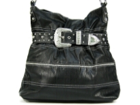 Rhinestones Buckle around the neck of this bag & also on the body of bag. Broad single shoulder strap. Imported.