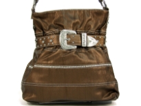 Rhinestones Belt Fashion Handbag has studded details, a top zipper closure and a single shoulder strap. Made of faux leather.