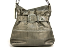 Rhinestone Belted Fashion Handbag has studded details, a top zipper closure and a single shoulder strap. Made of faux leather.