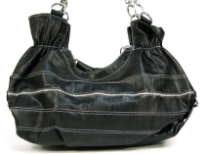 Fashion hobo bag has a stripes pattern, a top zipper closure and a double handle. Made of PVC.