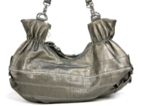 Fashion hobo bag has a stripes pattern, a top zipper closure and a double handle. Made of PVC.