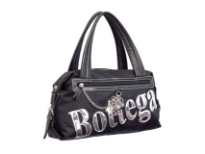 Designer Inspired Handbag has a metallic logo design, a top zipper closure, a double handle, and outside pocket with zipper closure and chain detial. Made of Nylon material.