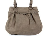 Fashion tote bag has a top zipper closure, a double handle and thin belt detail. Made of faux leather.