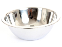 Commercial use deep mixing bowl made of stainless steel, a mirror polish and a rolled edge. Made in India.